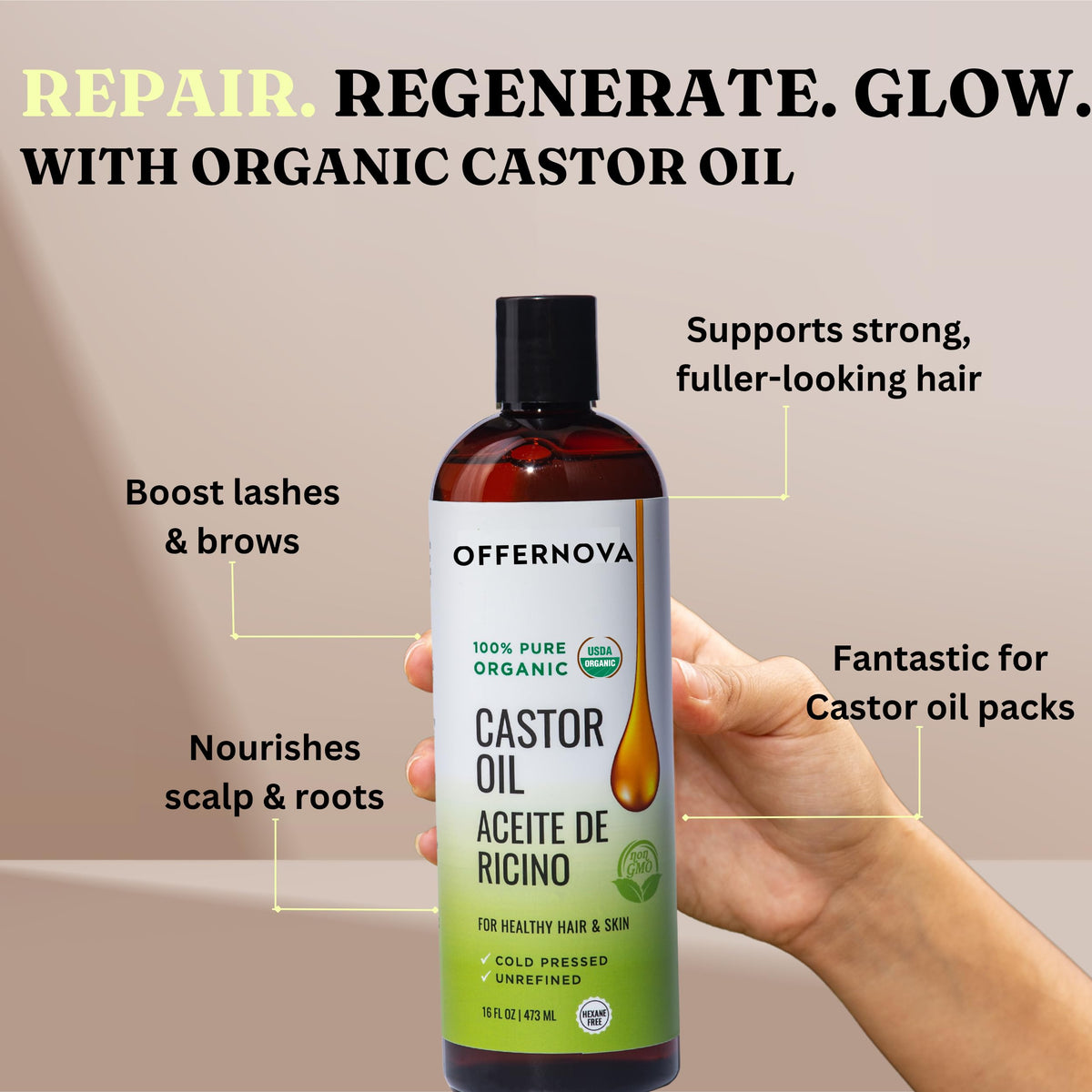 Offernova Castor Oil applied to lashes, brows, enhancing fullness.