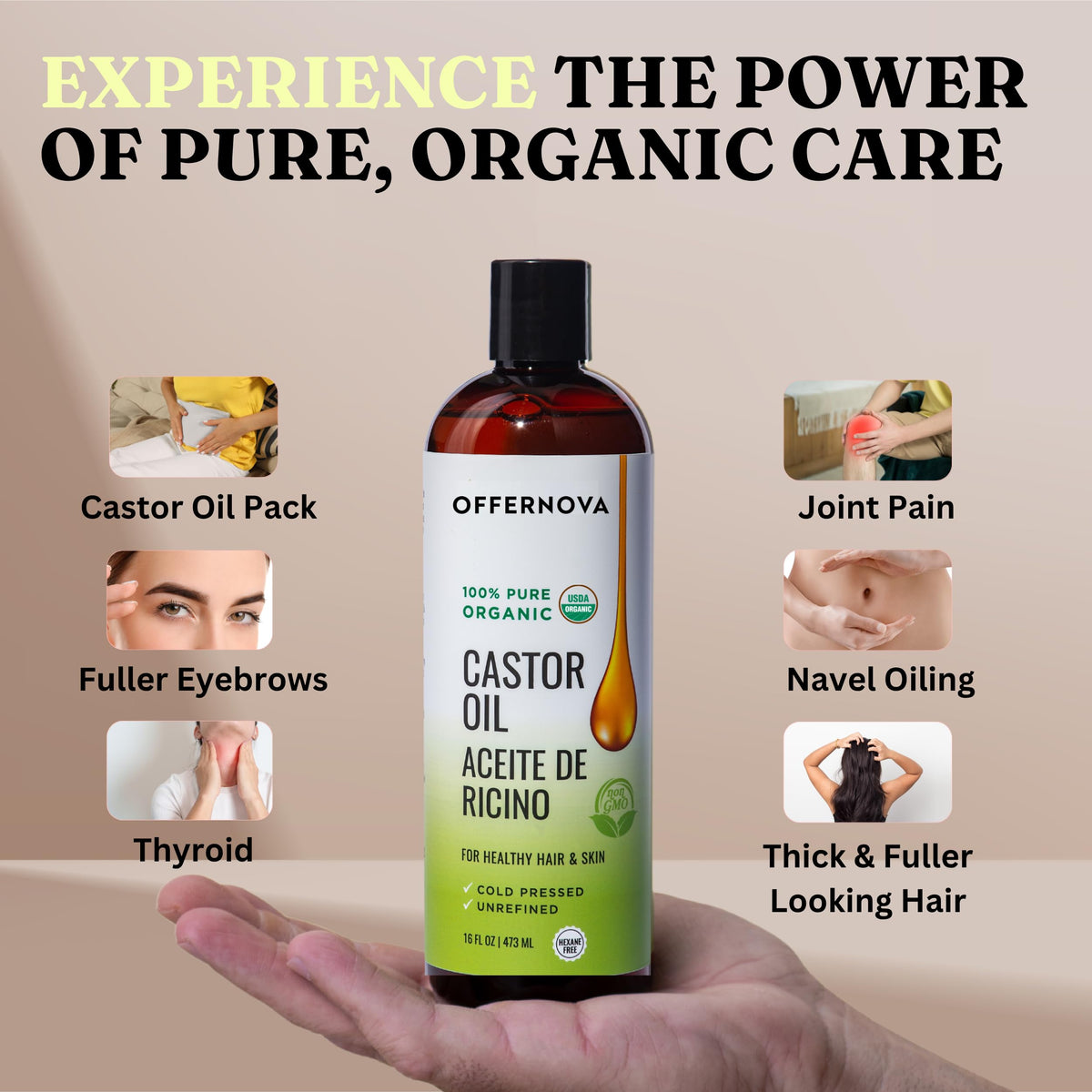Offernova Castor Oil hair shine, promoting a shinier, stronger look.
