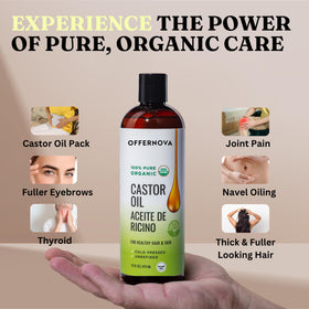 Offernova Castor Oil hair shine, promoting a shinier, stronger look.