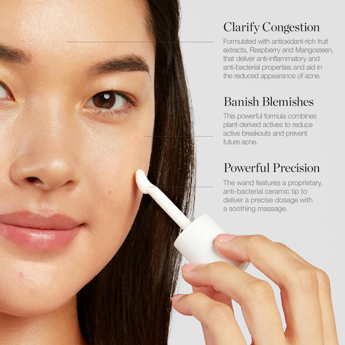 Ogee acne treatment bottle closeup highlighting plant-based actives for clearer-looking skin.