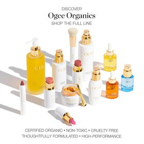 Ogee Brand logo closeup signals a luxury makeup line.