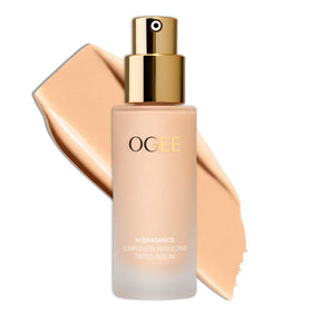 Ogee Complexion Perfecting foundation bottle pour demonstrates smooth, breathable coverage.