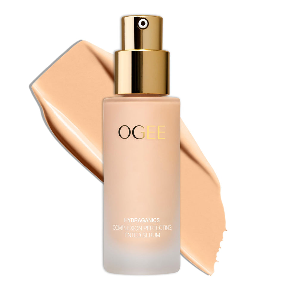 Ogee Complexion Perfecting foundation bottle pour demonstrates smooth, breathable coverage.