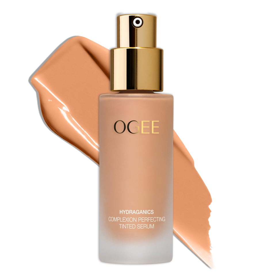 Ogee Complexion Perfecting foundation bottle close-up with a silky, natural finish.