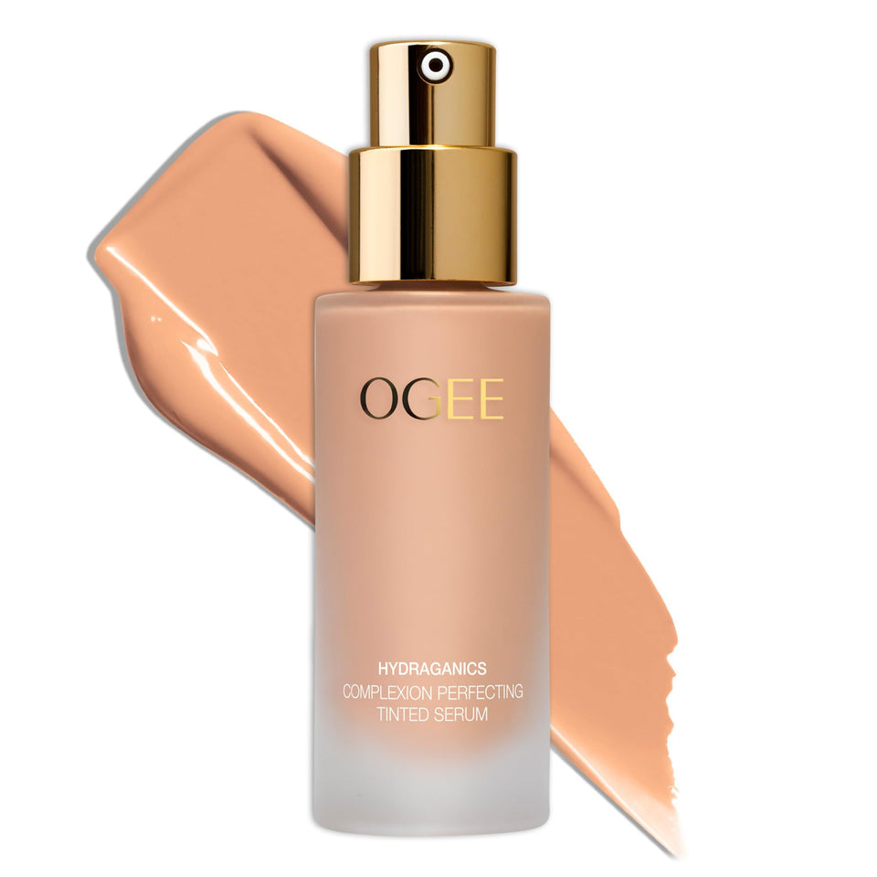Ogee Complexion Perfecting Foundation bottle closeup for a smooth, even base.