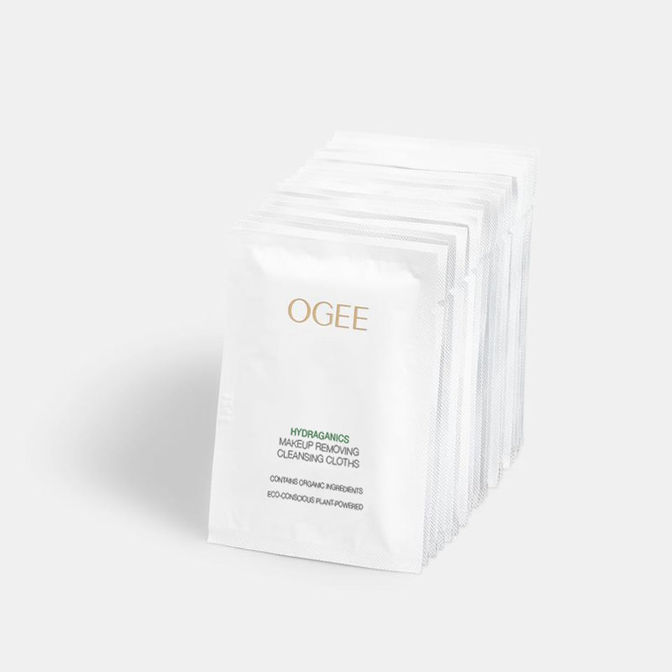Ogee gentle makeup remover wipes, individually wrapped for portable cleansing.