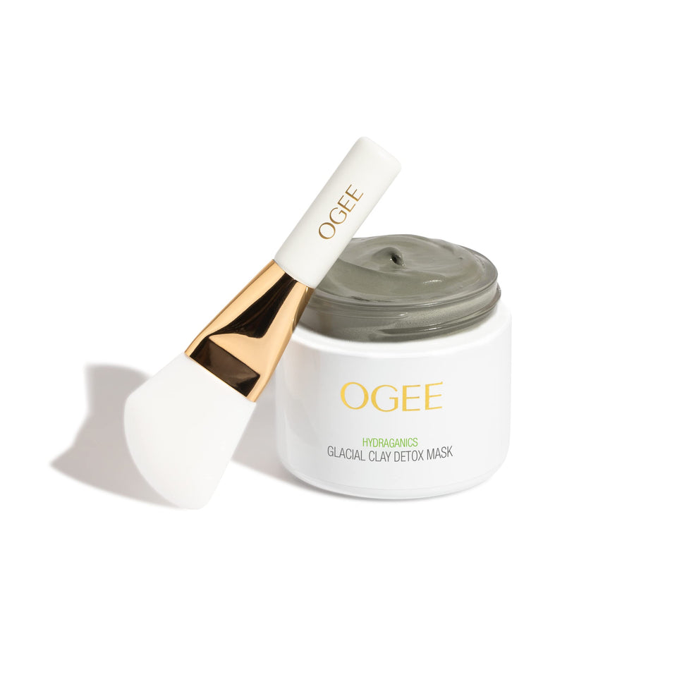 Ogee Glacial Clay Detox Mask jar close-up highlighting detoxifying texture for clean pores.