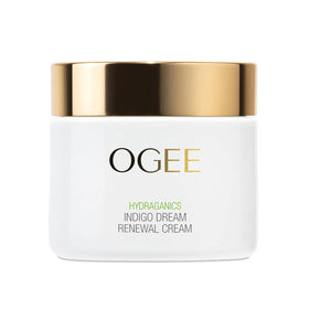 Ogee Indigo Dream Renewal Cream bottle on display highlighting premium hydration.