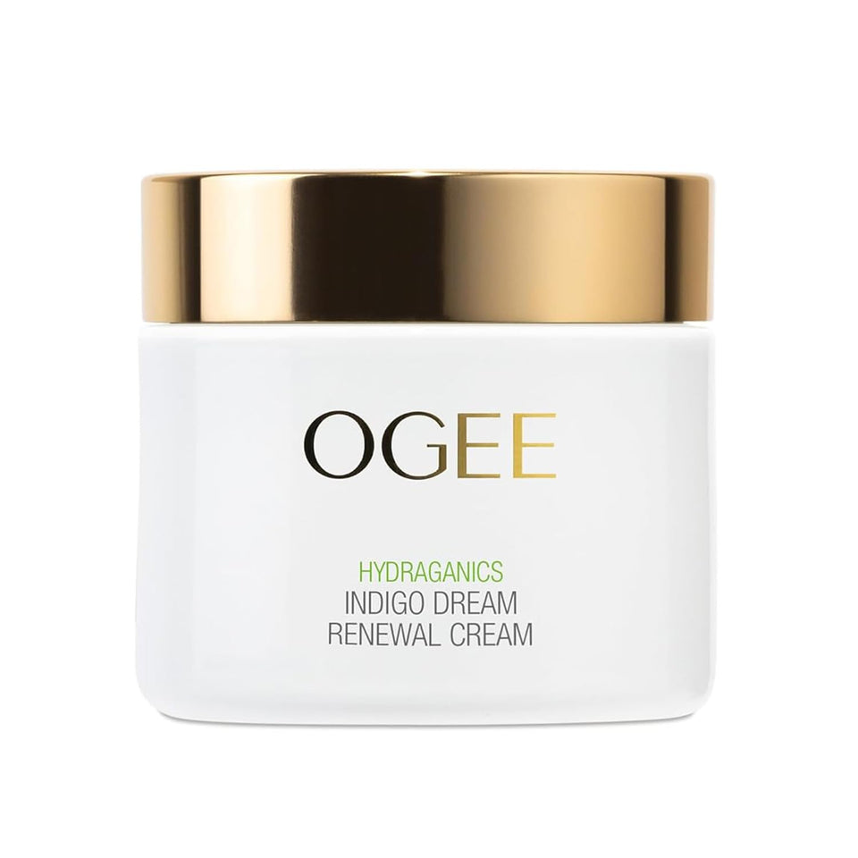 Ogee Indigo Dream Renewal Cream bottle on display highlighting premium hydration.
