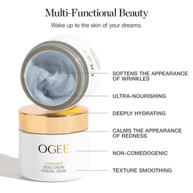 Ogee Indigo Dream Renewal Cream texture on skin signaling rich moisture.