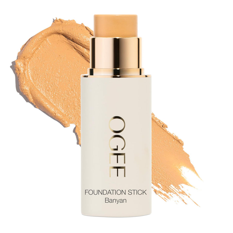 Ogee Sculpted Complexion Foundation Stick Banyan 2.75W swatch with warm golden undertones.