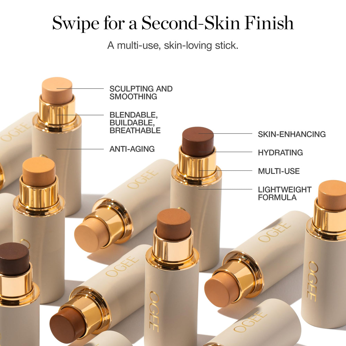 Ogee foundation stick featuring hyaluronic acid for hydration benefits.