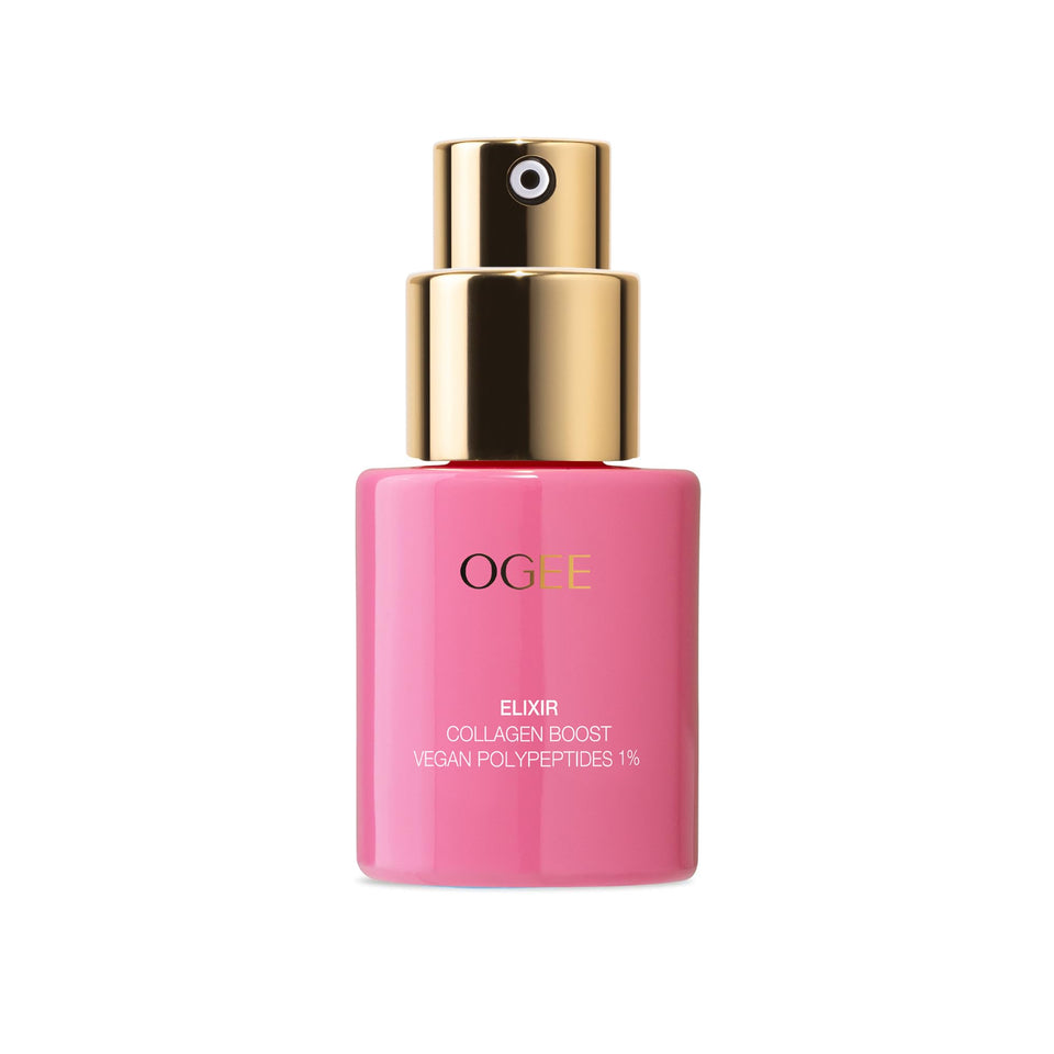 Ogee Vegan Collagen Boost Elixir bottle close-up highlighting firming, smoothing skin.