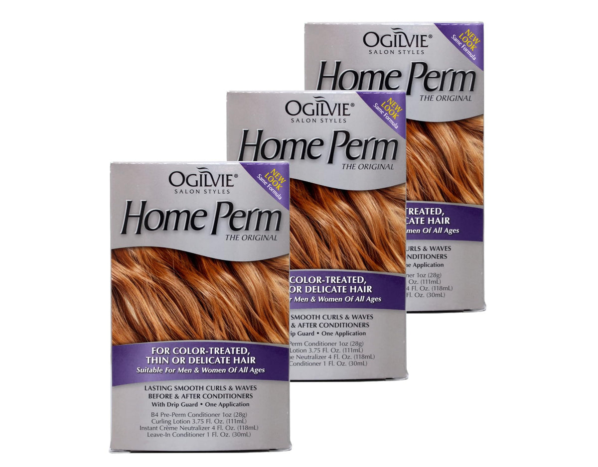 Ogilvie home perm kit for color-treated hair, front view, ready for styling.