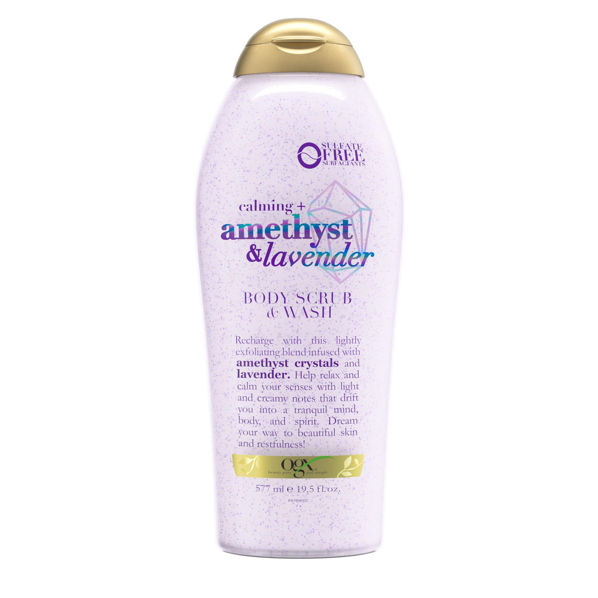 OGX Calming Amethyst Lavender bottle front for soothing cleanse and gentle exfoliation