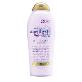 OGX Calming Amethyst Lavender bottle front for soothing cleanse and gentle exfoliation