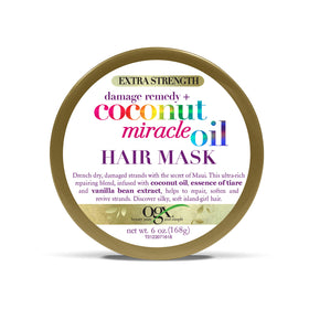 OGX Damage Remedy Coconut Miracle Oil Hair Mask jar showing rich hydration and frizz control for coarse hair