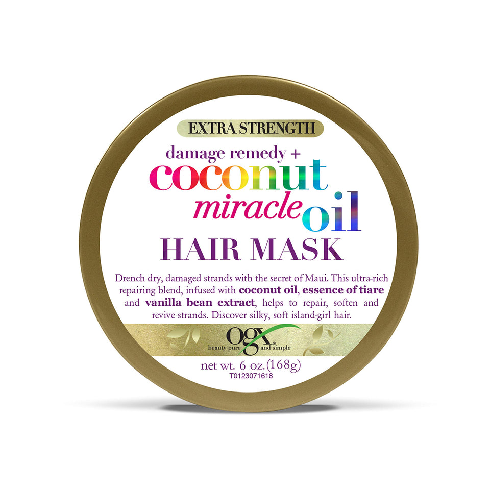 OGX Damage Remedy Coconut Miracle Oil Hair Mask jar showing rich hydration and frizz control for coarse hair
