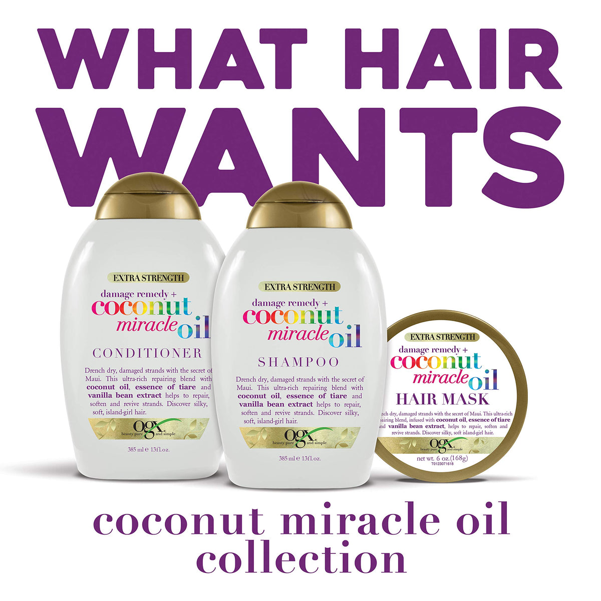 Close-up of OGX Coconut Miracle Oil Hair Mask texture for deep conditioning on coarse hair