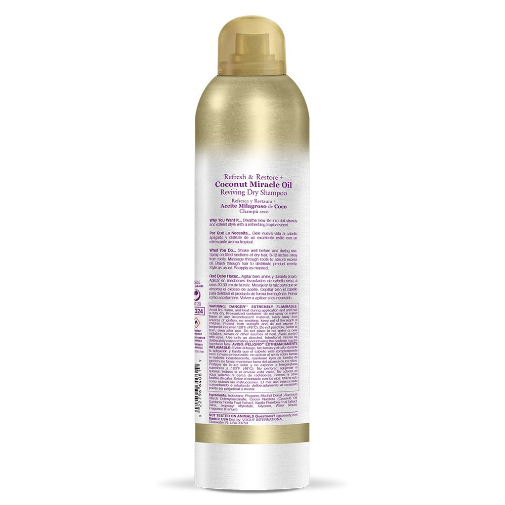 OGX coconut oil dry shampoo spray for quick tropical refresh
