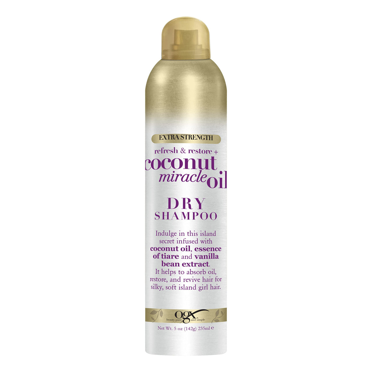 OGX dry shampoo bottle absorbs oil for lasting freshness