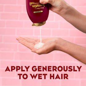 OGX shampoo bottle emphasizing argan oil and ceramides formula.