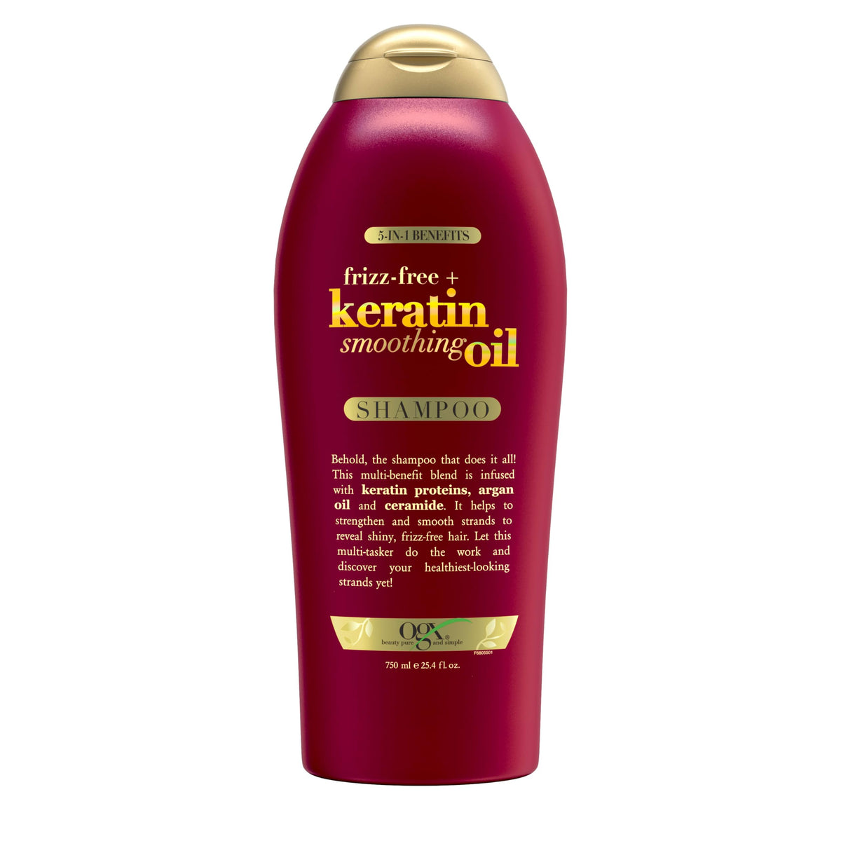 OGX Frizz-Free Keratin Shampoo bottle promoting frizz control and shine.