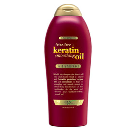 OGX Frizz-Free Keratin Shampoo bottle promoting frizz control and shine.