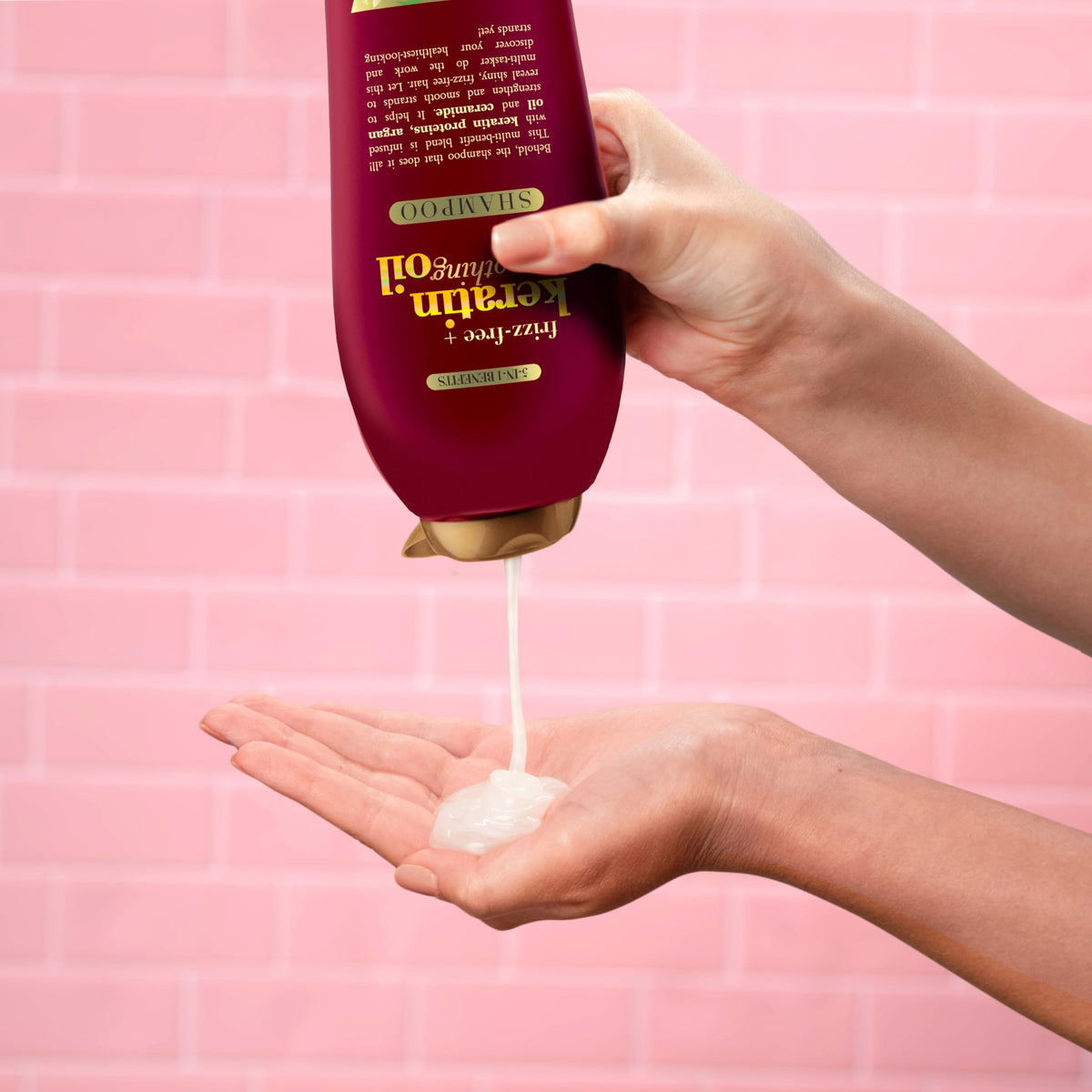 Hydrated, shiny hair after using OGX Frizz-Free Keratin Shampoo.