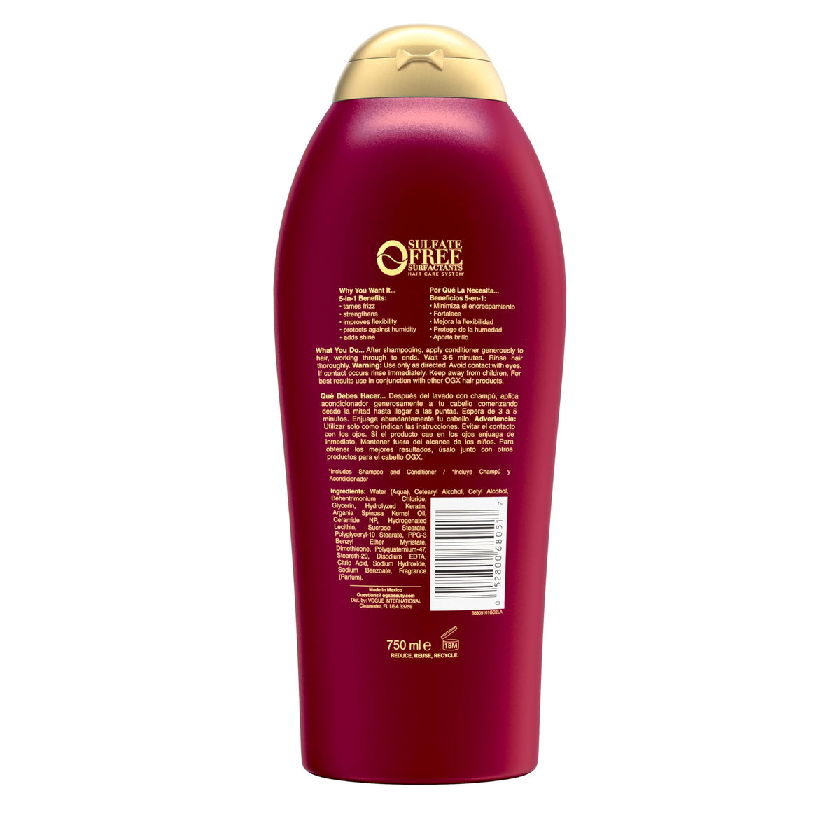 OGX Frizz-Free conditioner bottle with a large 25.4 fl oz size
