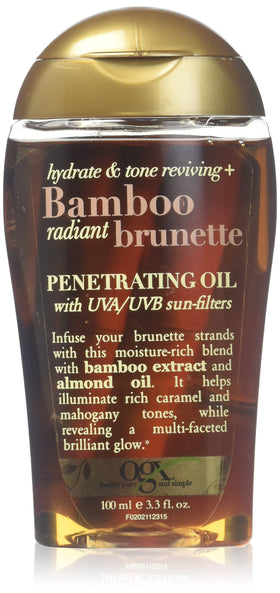 OGX Hydrate & Tone bottle pouring oil for hydrated brunette hair and shine.