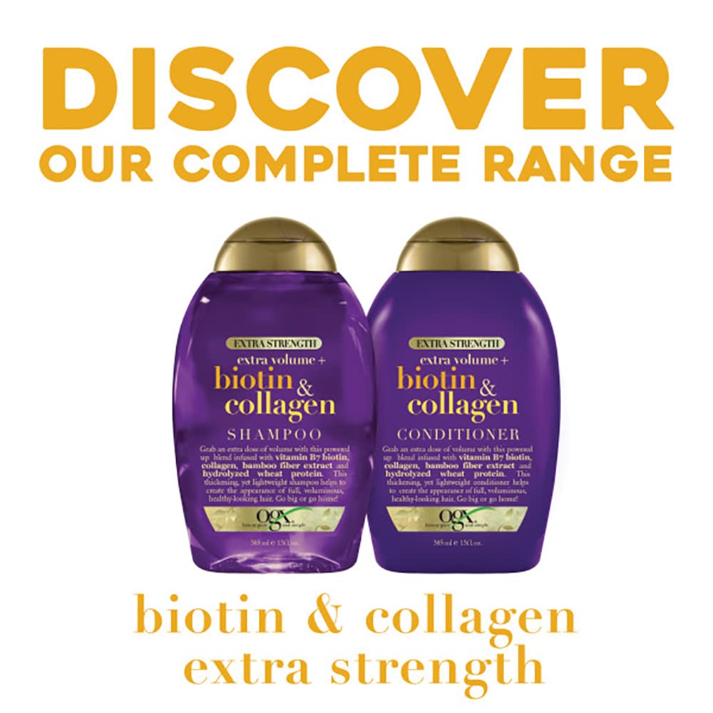 ogx Thick and Full Biotin and Collagen conditioner label closeup emphasizing amino acids and nourishing formula