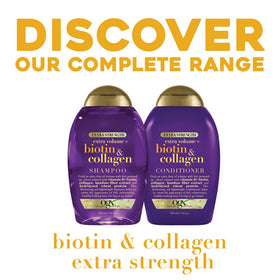 ogx Thick and Full Biotin and Collagen conditioner label closeup emphasizing amino acids and nourishing formula