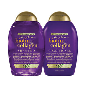 ogx Thick and Full Biotin and Collagen duo display for fuller hair