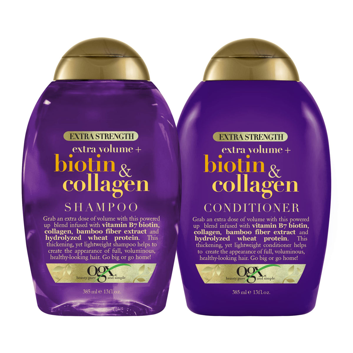 ogx Thick and Full Biotin and Collagen shampoo bottle highlighting volumizing formula for fine hair