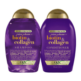 ogx Thick and Full Biotin and Collagen shampoo bottle highlighting volumizing formula for fine hair