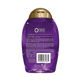 ogx Thick and Full Biotin and Collagen shampoo label closeup showing biotin and collagen benefits for hair volume