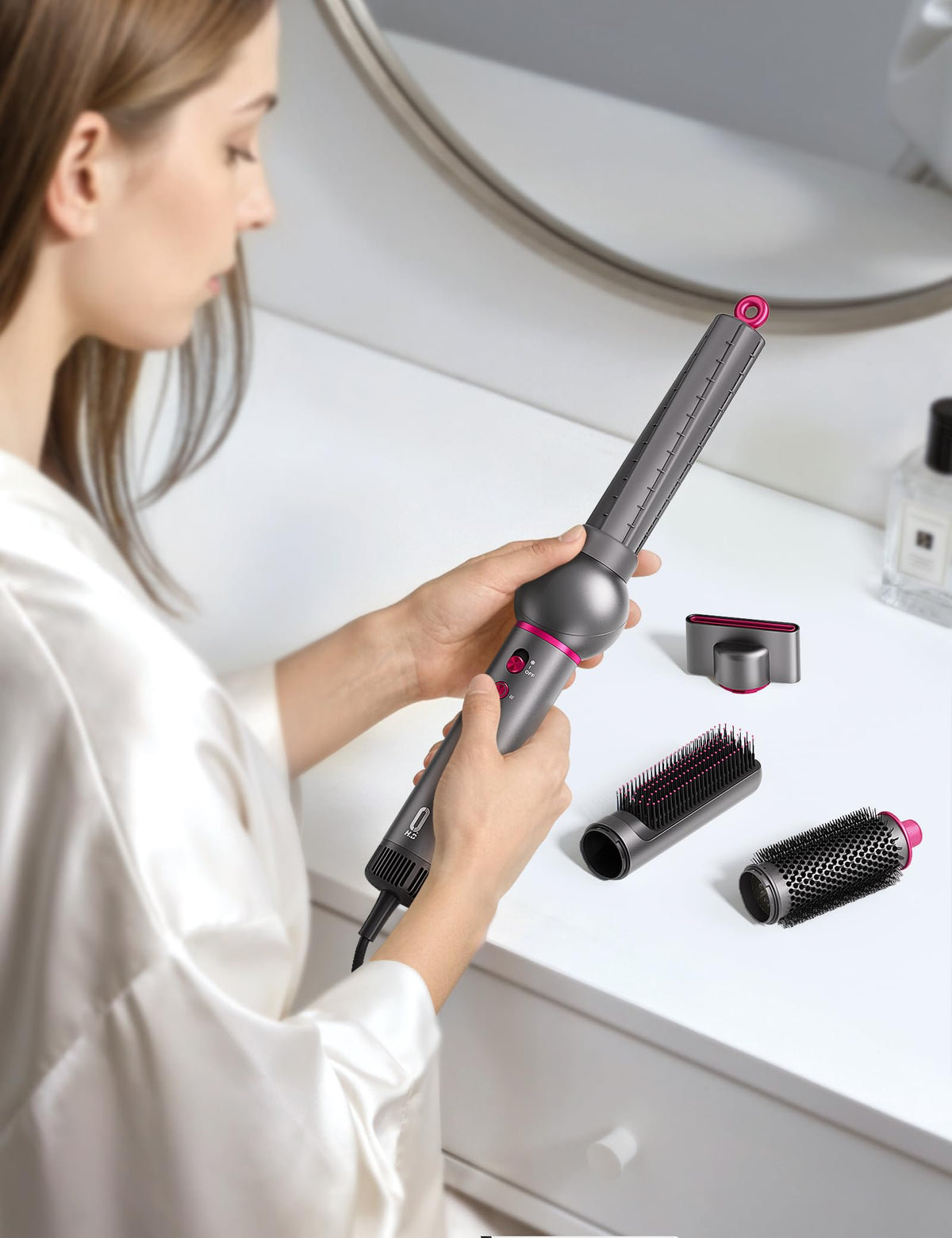 O.H.B air wrap with auto rotating barrels delivering effortless curls.