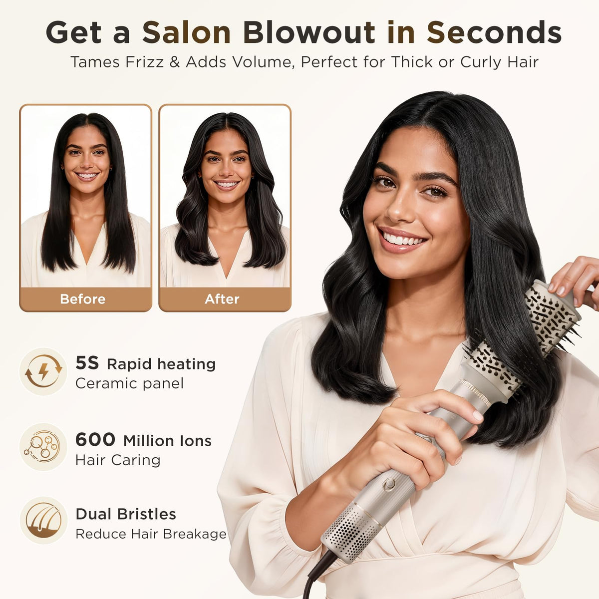 O.H.B Coanda oval brush delivers smooth, voluminous results.