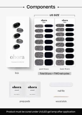 Hand applying Ohora N Party Night strips for fast, glossy nails.