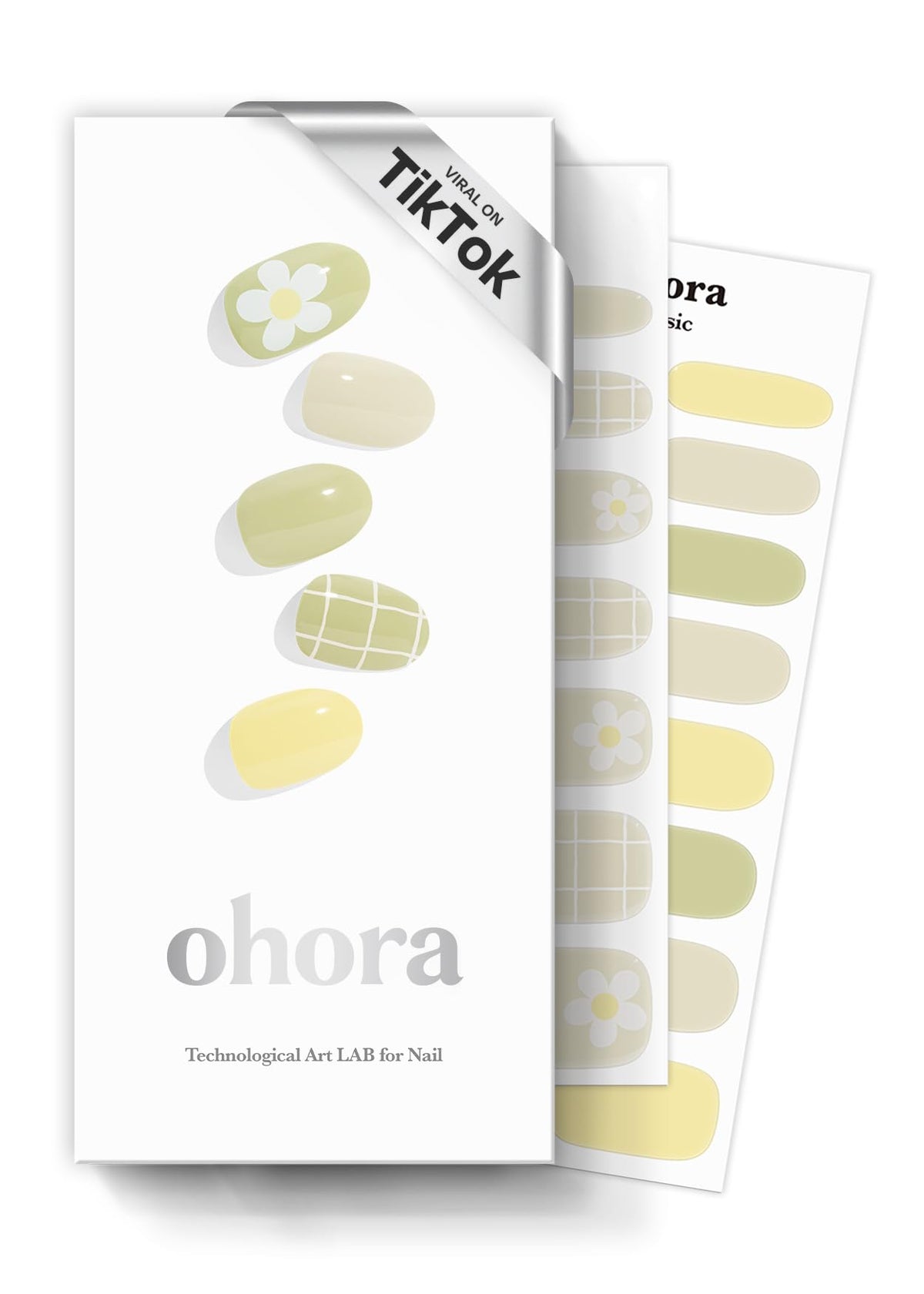 Ohora Olivia green patterned nail wraps applied for a chic weekend look with durable wear.
