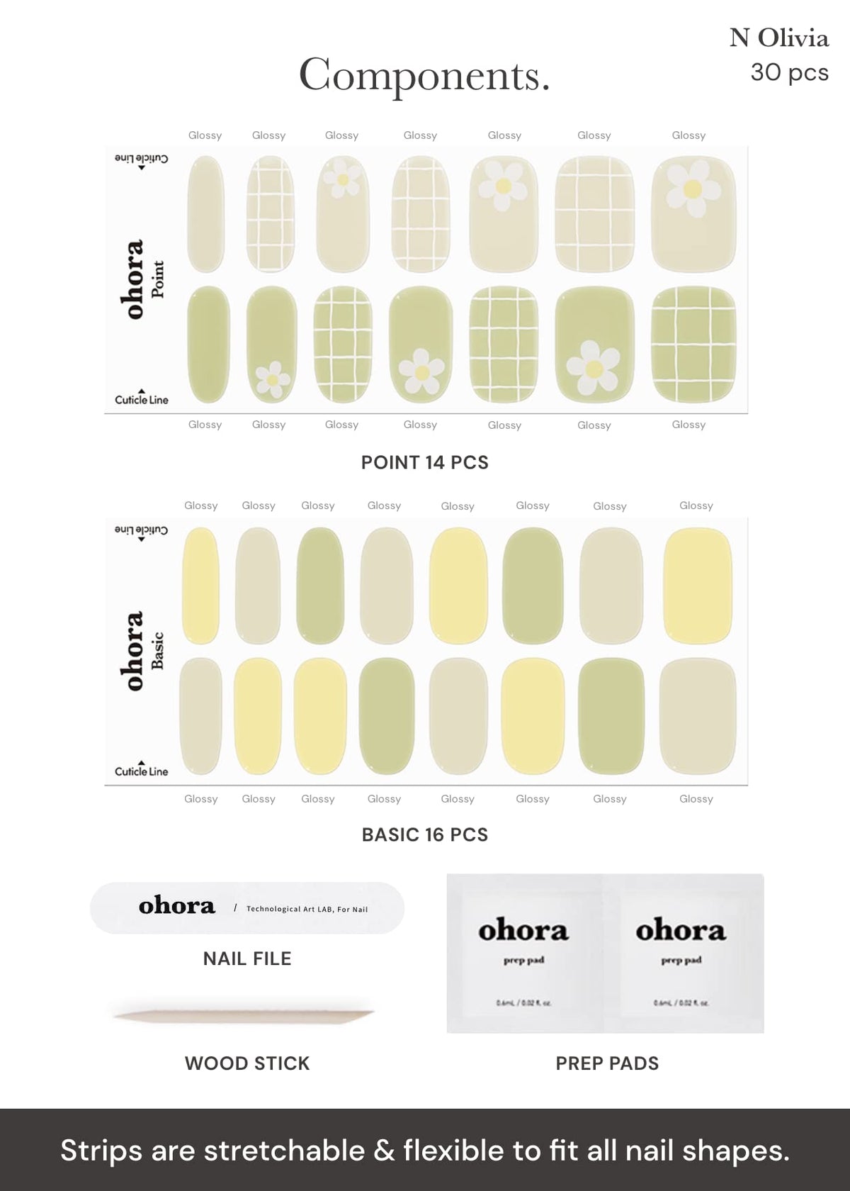 Ohora Olivia wraps include 30 wraps plus tools for simple at-home nail art.