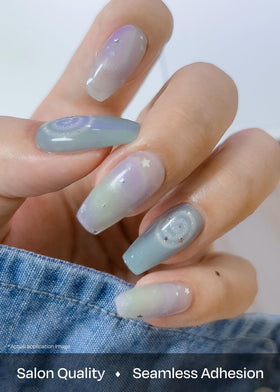 ohora P Azure gel pedi strip being applied with edge-to-edge adhesion