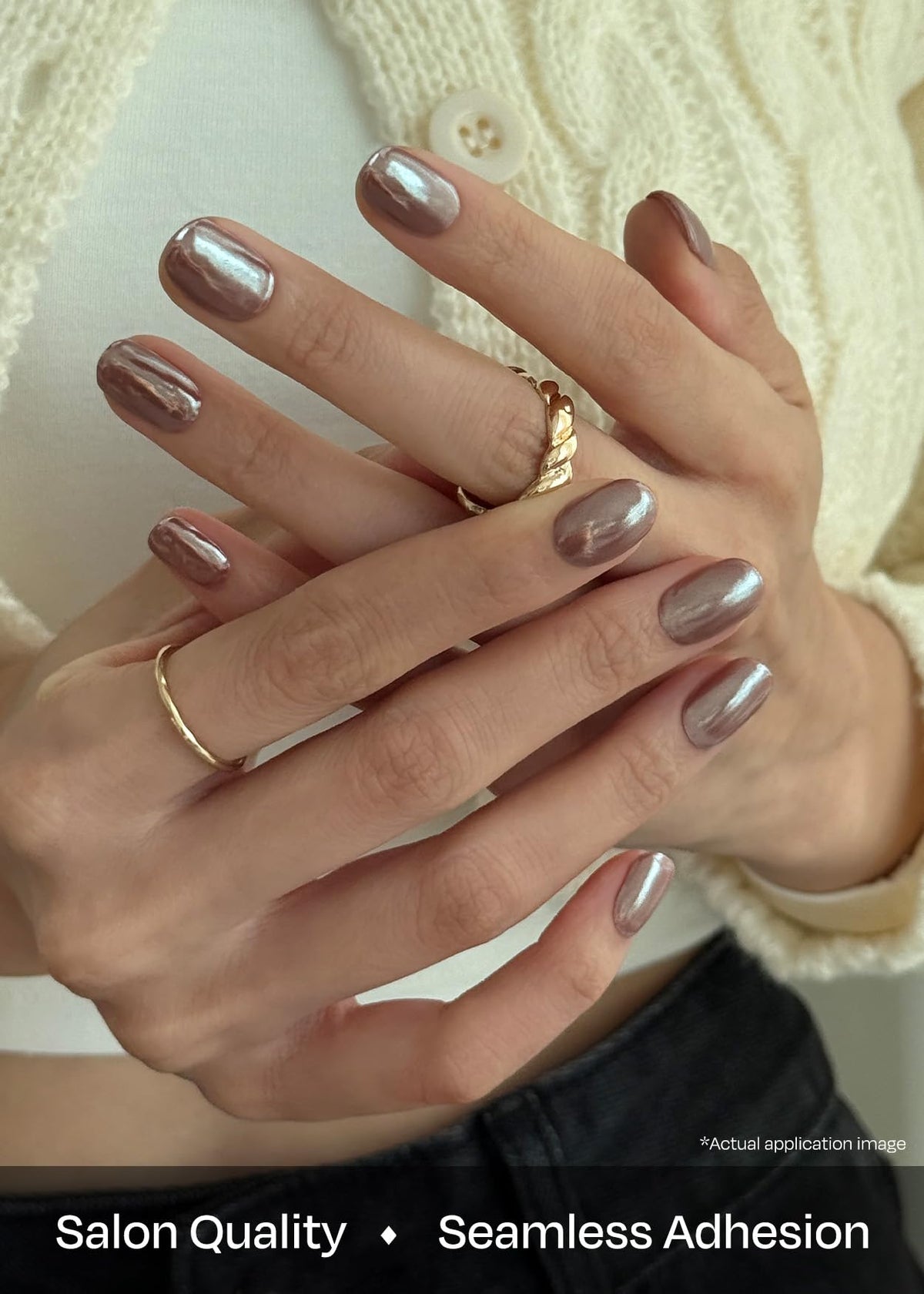 ohora semi cured gel nail strips n chocolate chrome worn on nails for long-lasting shine