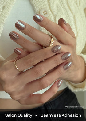 ohora semi cured gel nail strips n chocolate chrome worn on nails for long-lasting shine