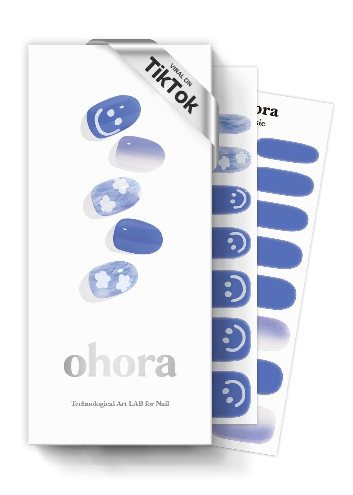 ohora semi-cured gel nail strips in blue pattern provide salon-grade style at home.