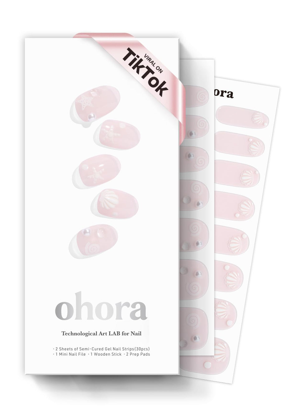 Ohora Seashell Love semi-cured gel nail strips box front for at-home salon-quality nails