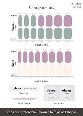 ohora purple-green Tahiti strips matching nail sizes for a precise fit.