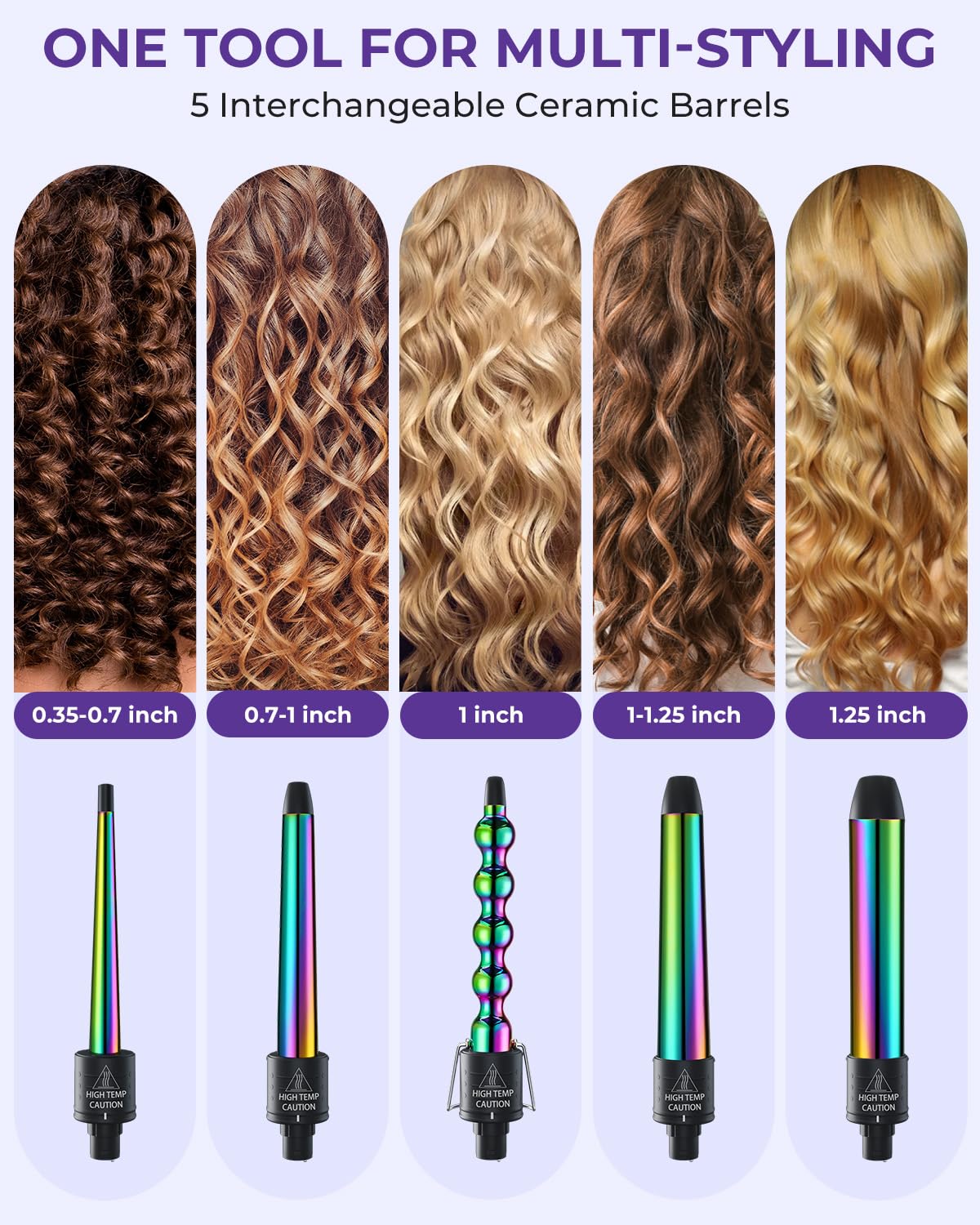 Ohuhu curling wand barrel 0.35-0.7 inch for tight curls and flexibility.