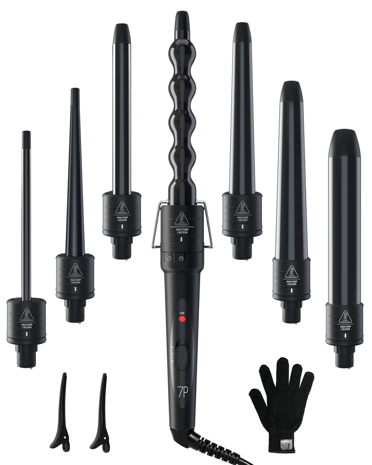 Ohuhu curling wand set with seven barrels laid out for versatile styling.